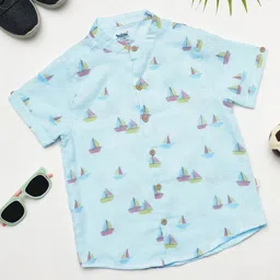 Milou Cotton Half Sleeves Boat Printed Shirt - Light Blue-picture-28