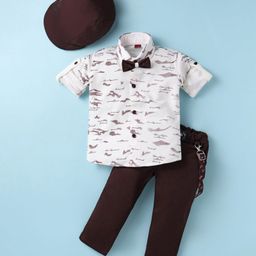 Rikidoos Cotton Full Sleeves Abstract Printed Shirt Pant With Bow Suspender & Cap Set - White & Coffee-picture-7