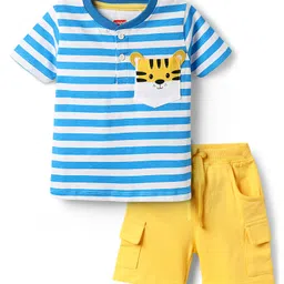 Babyhug Single Jersey Knit Half Sleeves Henley T-Shirt & Shorts Set with Tiger Print & Stripes - Yellow & Blue-picture-28