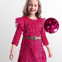 Hola Bonita Knit Long Sleeves Velvet Sequinned Party Dress With Belt- Dark Red-picture-5