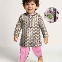 Babyhug Cotton Woven Full Sleeves Kurta Dhoti Set With Floral Print - White-picture-14