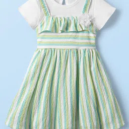 Babyhug Cotton Knit Striped Frock & Half Sleeves Inner Tee With Floral Applique - Green & White-picture-17