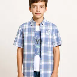 CAVIO Cotton Woven Half Sleeves Checked Shirt & Tee Set - Blue-picture-35