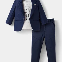 Dapper Dudes Full Sleeves Textured Blazer With Typography Printed Tee & Pant Set - Navy Blue-picture-22