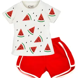 Kiwi Cotton Knit Half Sleeves Watermelon Printed Top & Shorts Set - Red & White-picture-29