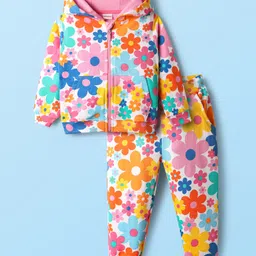 Babyhug Terry Knit Full Sleeves Co-ords Hooded Sweatshirt & Lounge Pant Set with Floral Print - Multicolor-picture-10