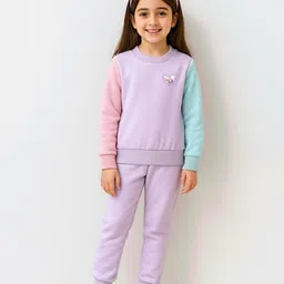Bubble Berry Knit Full Sleeves Heart Glitter Patch Detailed & Colour Blocked Oversized Winter Sweatshirt With Joggers Set - Purple Pink & Sea Green-picture-19