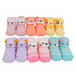 Yellow Bee Pack Of 6  Animal Printed & Striped Designed Anti Skid Socks - Multi Colour image 2