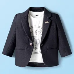 Dapper Dudes Full Sleeves Textured Blazer With Typography Printed Tee & Pant Set - Black image 2