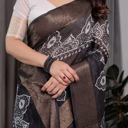 ALMAARI FASHION Ethnic Motifs Printed Pure Cotton Kanjeevaram Saree And Unstitched Blouse image 2