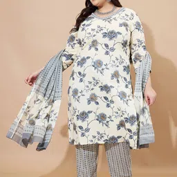 KALINI Plus Size Floral Printed V-Neck Pure Cotton Straight Kurta With Trousers & Dupatta-picture-33