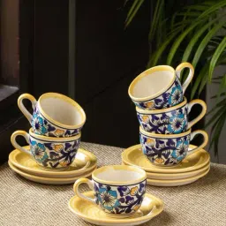 ExclusiveLane 'Badamwari Bagheecha' Yellow & Navy Ceramic 6 Cups (0.12 L) with 6 Saucers-image-49