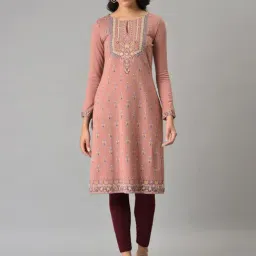W Pink Floral Print Straight Kurta-image-65