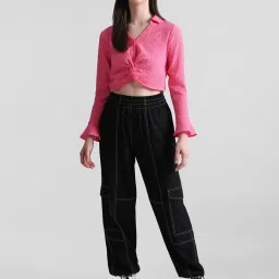 Only Pink Self Design Cropped Shirt image 5