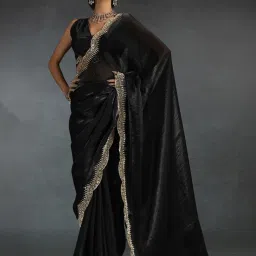 Saree Mall Black Satin Embellished Saree with Blouse Piece image 2