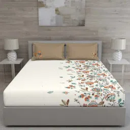 GM 'Matthiola' Beige & Brown Cotton 150 TC Double Bedsheet with 2 Pillow Covers image 2