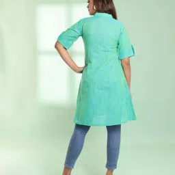CHARUKRITI Sea Green Cotton Woven Pattern A Line Kurti image 2