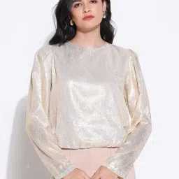 SHOWOFF Gold Solid Full Sleeves Top-image-3