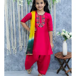 BownBee Three Fourth Sleeves Placket  Embroidered Kurta  With Salwar And Dupatta -  Pink-picture-11