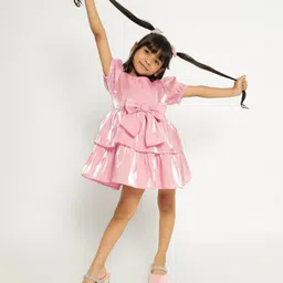 Somersault Half Sleeves Bow Applique Layered Dress - Pink-picture-27