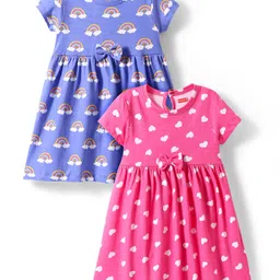 Babyhug Single Jersey Knit Half Sleeves Frockwith Rainbow & Heart Print with Bow Applique Pack of 2- Pink & Blue-picture-34