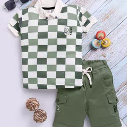 TOONYPORT Cotton Half Sleeves Checked Polo Tee & Shorts Set - Green-image-7