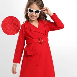 Hola Bonita Knit Full Sleeves Solid Textured Fabric Dress With Belt - Red-picture-23