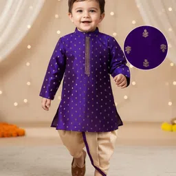 Babyhug Brocade Woven Full Sleeves Kurta Dhoti Set With Floral Foil Print - Purple-picture-28