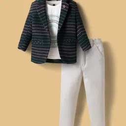 Dapper Dudes Full Sleeves Striped Blazer With Typography Printed Tee & Pant Set - Green-picture-12