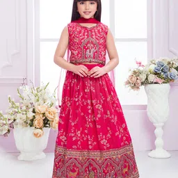 Tiny Kingdom Georgette Woven Sleevelss Sequin Embellished & Floral Embroidered Choli Lehenga With Dupatta Set - Red-picture-11