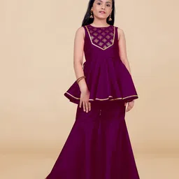 Fashion Dream Cotton Blend Woven Sleeveless Floral Foil Printed Gota Lace Embellished Peplum Kurti & Sharara Set - Purple-picture-28