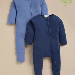 Cot & Candy Organic Cotton Knit Pack Of 2 Full Sleeves Solid Romper - Navy Blue & Light Blue-picture-17