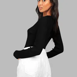 Maheshvi Women Ribbed Collared Long Sleeves Fitted Top image 3