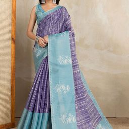 HERE&NOW Purple Printed Art Silk Block Print Sarees-picture-3
