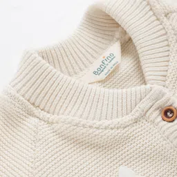 Bonfino 100% Cotton Knitted Full Sleeves Front Open Sweater with Tractor Embroidery - Off White image 3