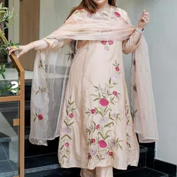 SWEETPEL Women Floral Embroidered Anarkali Kurta with Trousers & Dupatta-picture-31