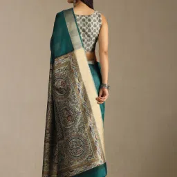 Soch Teal Tussar Solid Saree With Stitched Blouse image 2