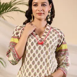 Juniper Women Beige Ethnic Motif Print High Low Cotton Kurta With Kaudis Tassels & Contract Piping image 5