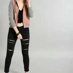 Roadster Women Pink & Grey Colourblock Hooded Sweatshirt image 4