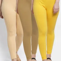 Gracit Yellow & Skin Mid Rise Leggings - Pack Of 3-image-85