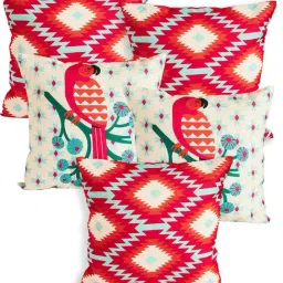 TEAL by Chumbak Parrot Paradise Chevron Red Polyester Cushion Covers (Set of 5)-image-55