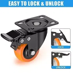 Implemental 360° Top Plate Caster Wheels with Lock 1.5 inch Swivel Polyurethane Orange & Black (Pack of 4) image 4