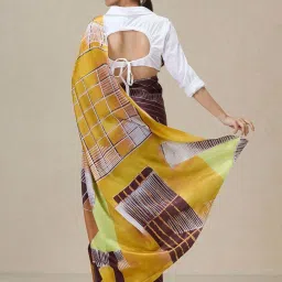navyasa by liva Maroon & Yellow Printed Saree With Unstitched Blouse image 2