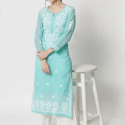 PARAMOUNT CHIKAN Sea Green Embroidered Straight Kurta image 5