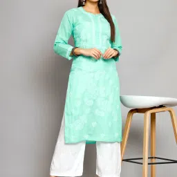 PARAMOUNT CHIKAN Sea Green Cotton Chikankari Straight Kurta image 5