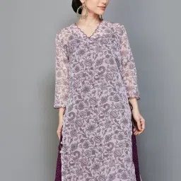 Melange by Lifestyle Purple Printed Straight Double Layer Kurta image 5