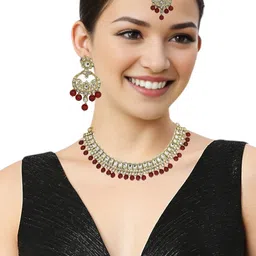 FEMMIBELLA Gold-Plated Kundan Studded & Beaded Jewellery Set image 3