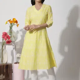 W Yellow Cotton Embroidered A Line Kurta-picture-15