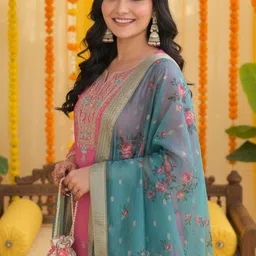 JANOI Women Floral Embroidered Regular Thread Work Kurta with Trousers & With Dupatta image 5