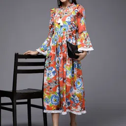 Anouk Women Ethnic Moifs Printed Tie-Up Neck Flared Sleeve A-Line Midi Dress-picture-41